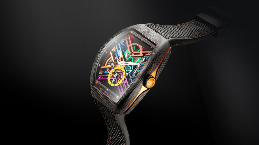 detail Franck Muller Vanguard Skeletone V 45 S6 SQT COL DRM CARBONE NR